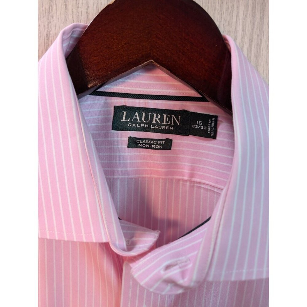 Ralph Lauren Mens Dress Shirt Pink White Striped Classic Fit Non-Iron 16.5 32/33 - Picture 3 of 9